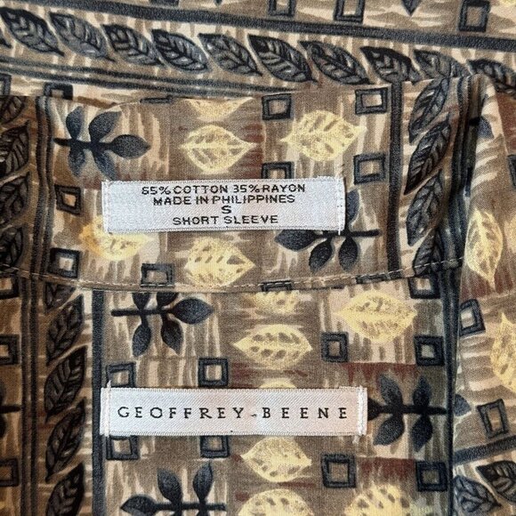 GEOFFREY BEANE Tribal Leaf Button Up Hawaiian Shirt Men Small Taupe Multi Casual - Picture 5 of 13